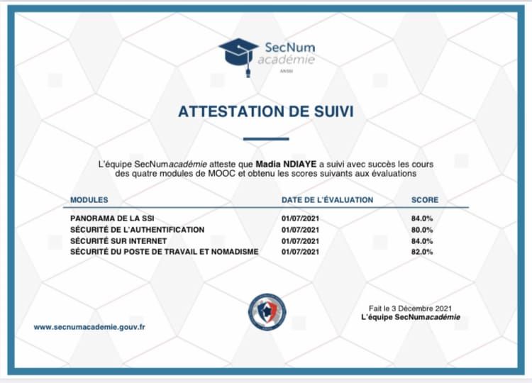 Attestation de suivi SecNumacadémie (ANSSI) en sécurité numérique